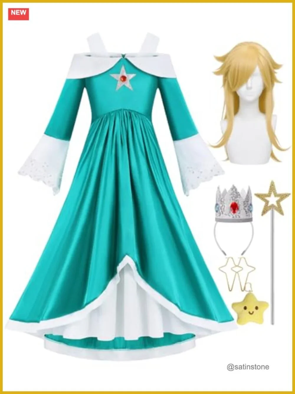 Girls Princess Costume Dress Set with Wig Crown Wand Earrings and Plush